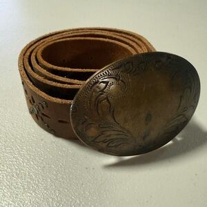 Old Navy Brown Leather Cutout Studded Belt Engraved Buckle Size Medium Boho